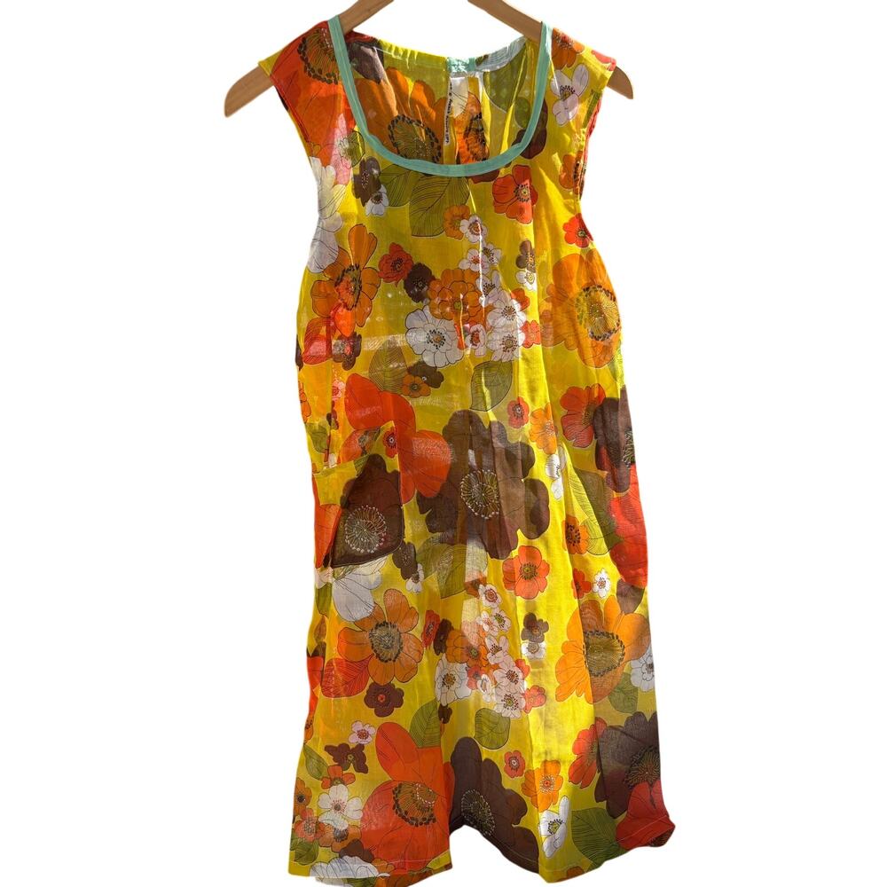 Vintage 70s Handmade Psychedelic Neon Floral Short Dress ✨Fleurs De Musée Fabric